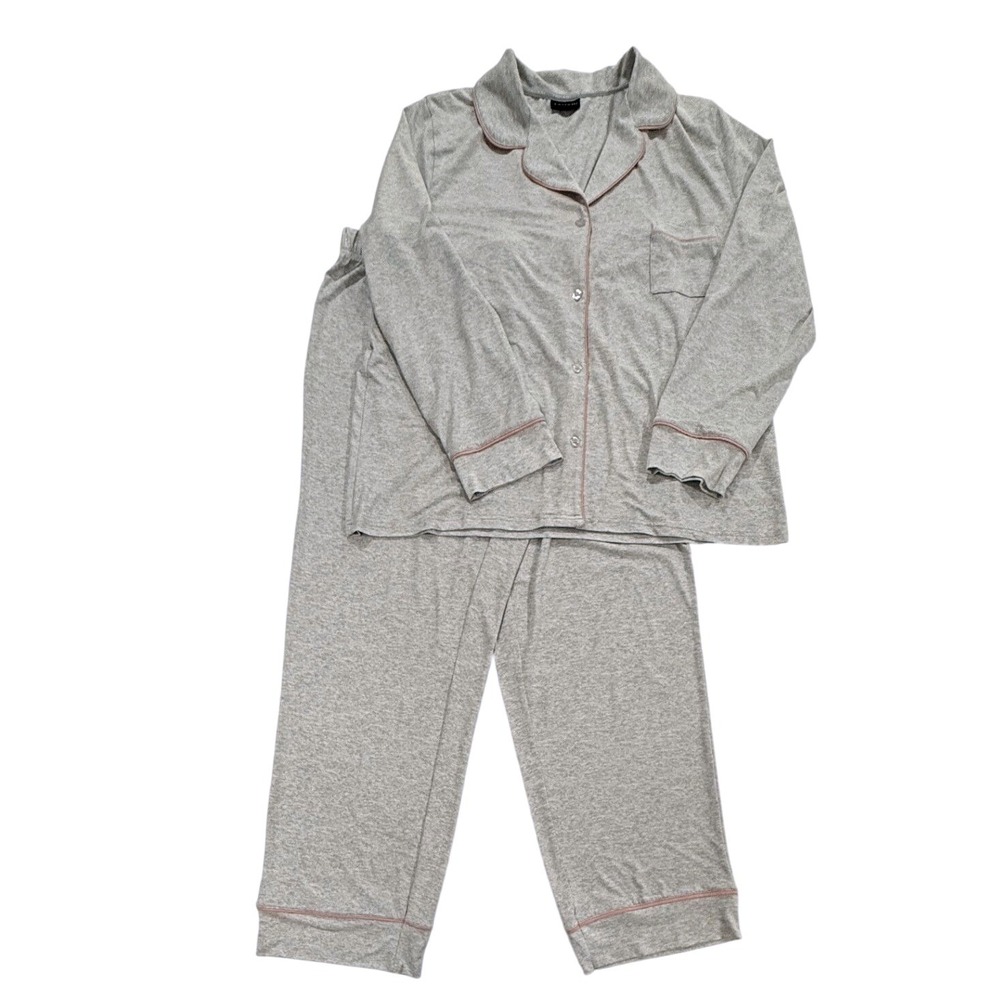 Tahari Womens XL Gray Pink Piping Button Front Pajama Set Long PJs W545